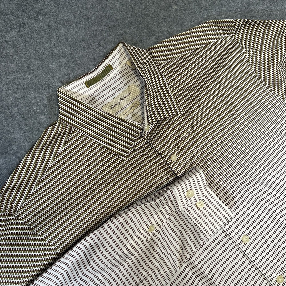 Tommy Bahama Shirt Mens XL Brown White Patterned Island Modern Fit Silk Cotton